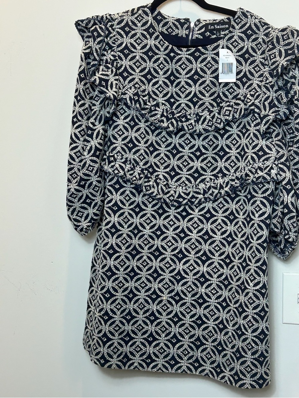 En Saison Navy & White Geometric Ruffle-Detail Mini Dress